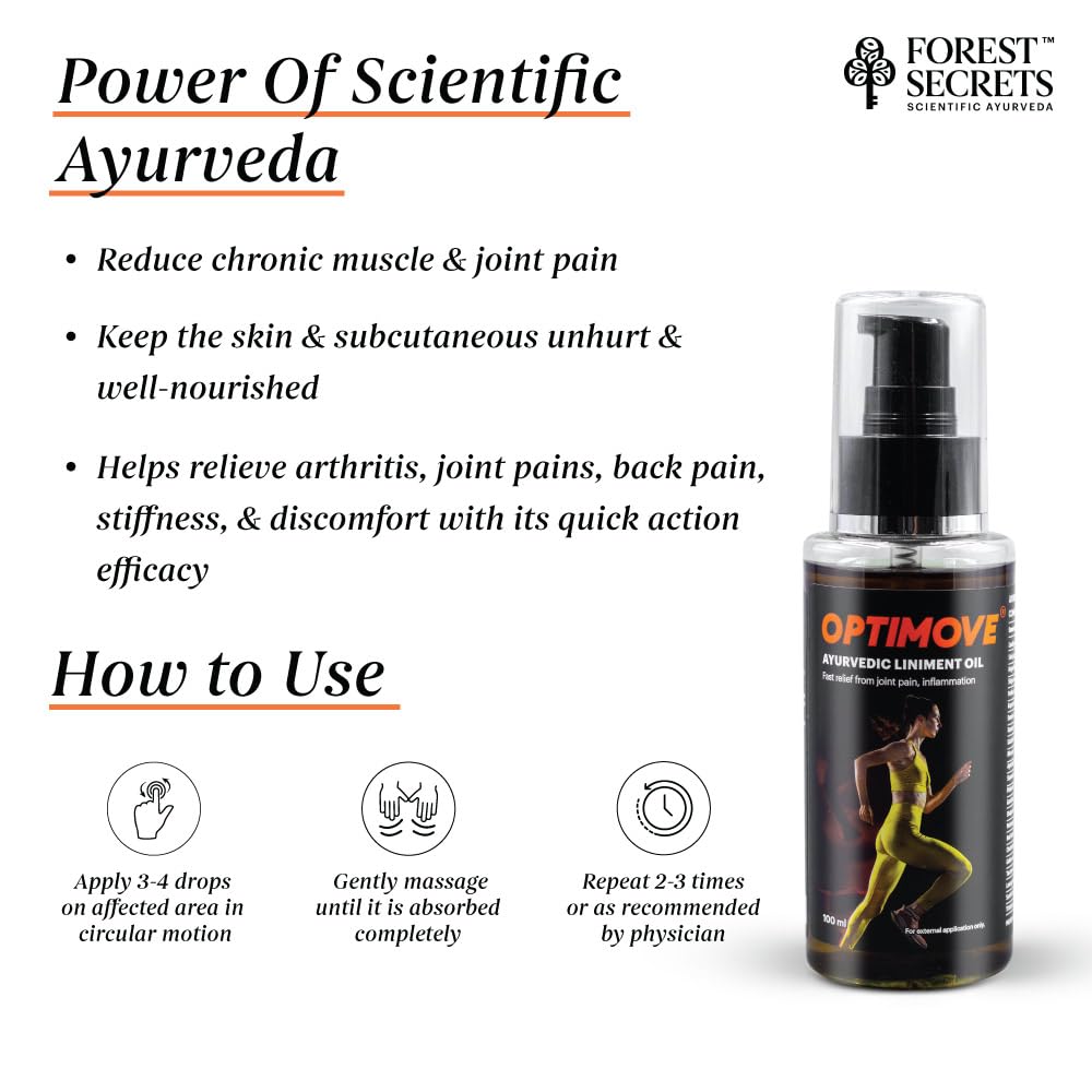 Forest Secrets Optimove Liniment Oil 100ml | Ideal for Back Pain, Muscle Pain, Joint Pain, Knee Pain | Ayurvedic Pain Relief Oil | Suitable for Sports & Gym related Injuries
