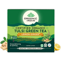 A TATA Product - Organic India Tulsi Green Tea Lemon Ginger - 50 Teabags, Herbal Blend with Green Tea, Tulsi, Lemon & Ginger, Supports Digestion, Refreshing Taste, Natural Ingredients
