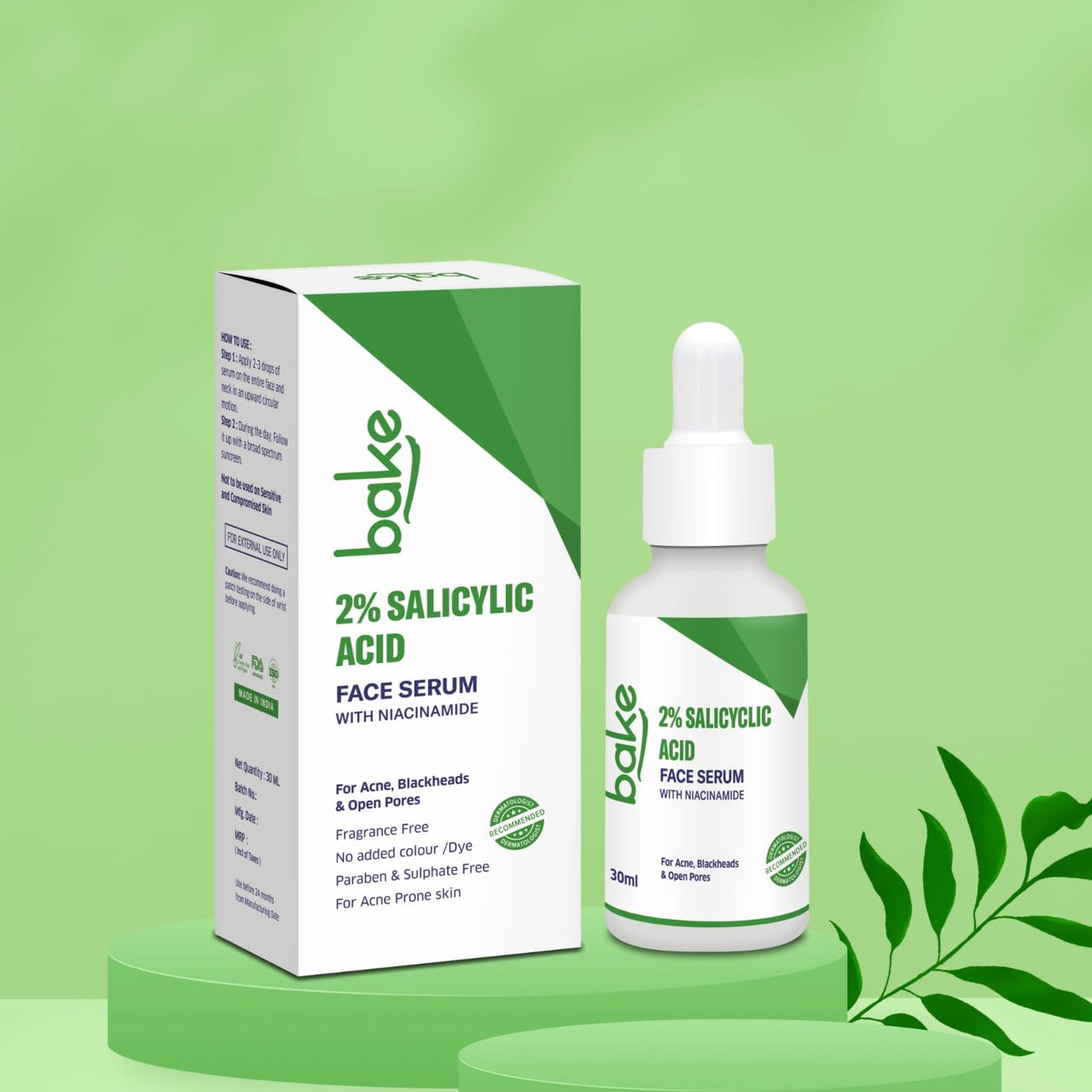 BAKE 2% Salicylic Acid Face Serum for Active Acne, Blackheads & Whiteheads with Niacinamide | Fades Acne Marks, Controls Sebum Production | For Women & Men | 30ml