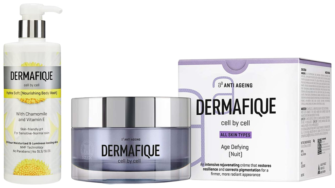 Dermafique Age Defying Nuit Cream – 50g Hydra Soft Nourishing Body Wash – 500ml Body Wash Enriched with Vitamin E Chamomile Suitable for Sensitive Normal Skin Balances Skin pH