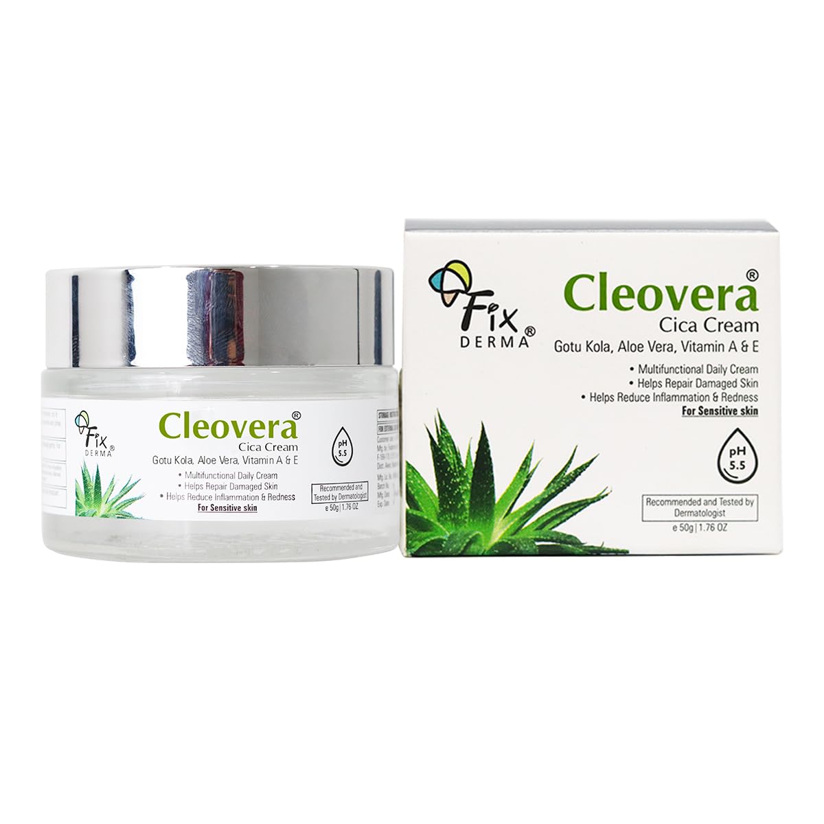 Fixderma Cleovera Cica Cream for Face with Gotu Kola, Aloevera, Vitamin A & E | Damage Skin Repair Face Cream | Suitable for Sensitive, Dry & Damaged Skin - 50g