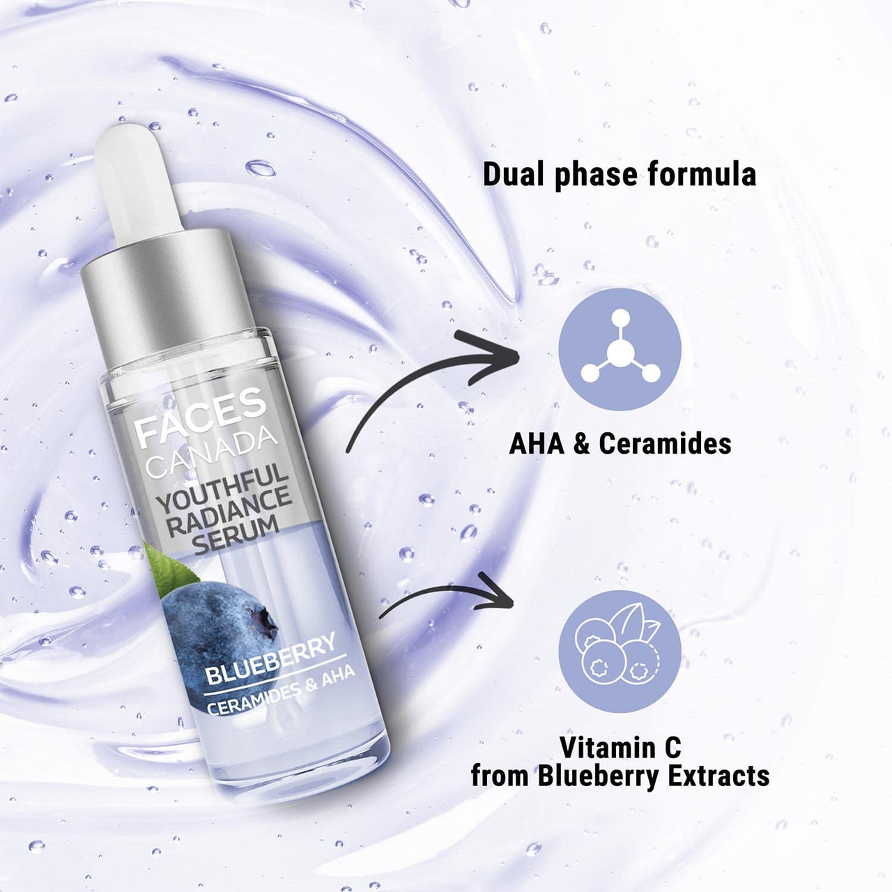 FACESCANADA Youthful Radiance Serum, 27 ml | Blueberry, AHA & Ceramides | Biphasic Face Serum | Anti-Ageing | Brightens, Hydrates, Moisturizes for Younger-Looking, Radiant Skin
