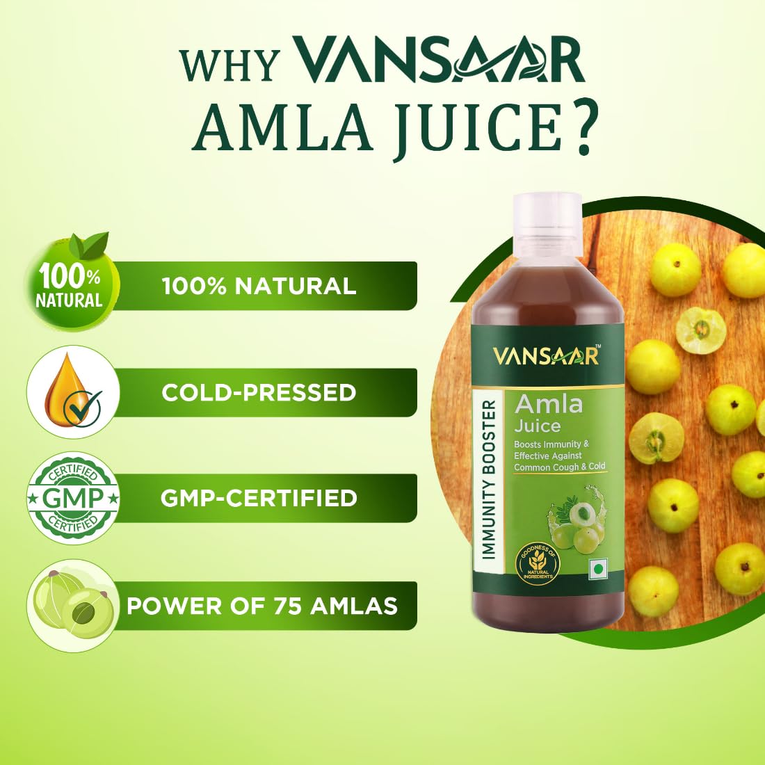 Vansaar Ayurvedic Tangy Amla Juice - 1L | 100% Cold Pressed Wild Amlas Rich In Vitamin C Sourced from Pratapgarh | Farm to Bottle in 12 Hours | 75 Pure Amlas for Hair Growth & Detoxification