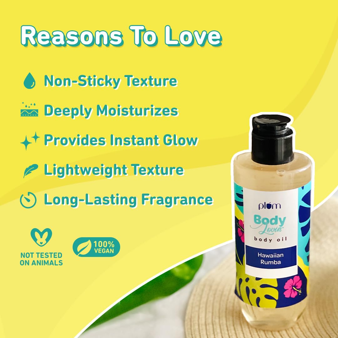 Plum BodyLovin' Hawaiian Rumba Body Oil | Intense Moisture & Instant Glow | Long Lasting Fresh Beachy Fragrance | Non-Greasy & Lightweight | Soft & Nourished Skin | For Dry To Very Dry Skin - 200ml