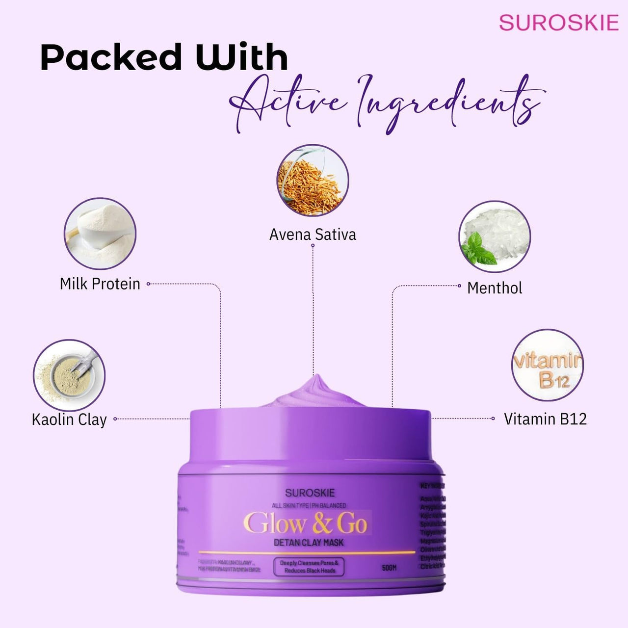 Suroskie Glow & Go De-Tan Clay Mask | Kaolin Clay & Kojic Extract | Removes Tan, Dark Spots & Blackheads | Deep Cleansing & Brightening Face Pack For Glowing Skin | All Skin Types | Men & Women 50G