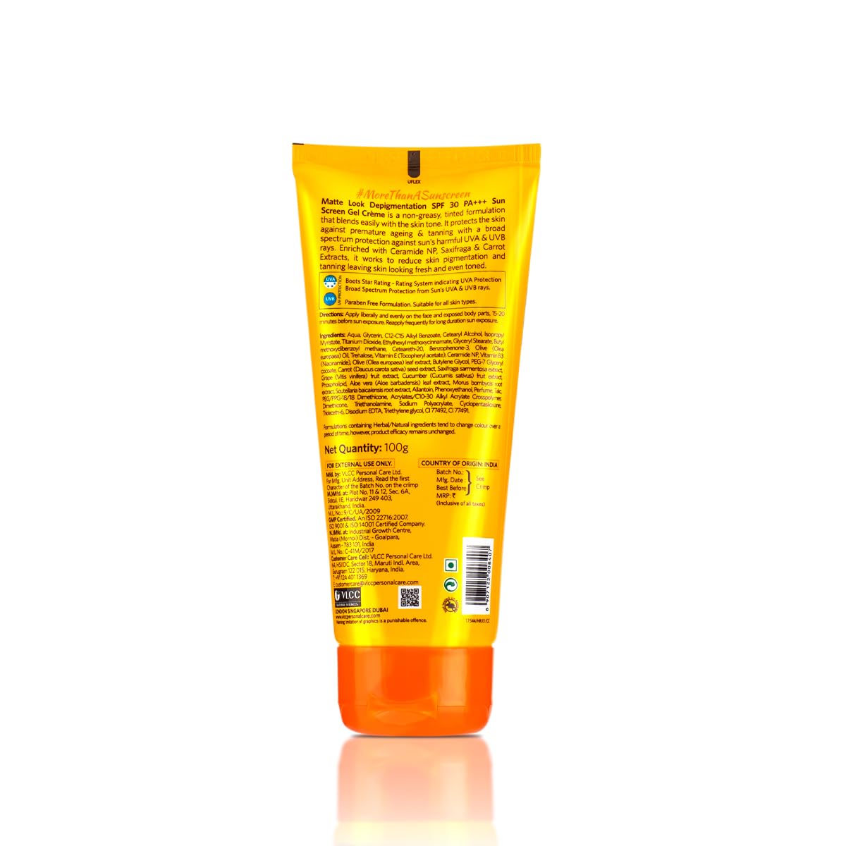 VLCC Matte Look Spf 30 PA ++ Sunscreen Gel Crème - 100g + 25g Extra - Helps Depigmentation, Non-Greasy Tinted Matte Formula with Broad Spectrum Protection.
