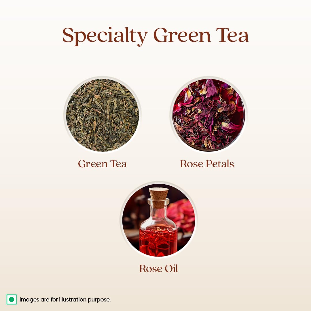 1868 by Tata Tea Green with Rose Tea Bags, Green Tea Leaves and Rose Petals, Green Tea Rich in Antioxidants, 15 Tea Bags