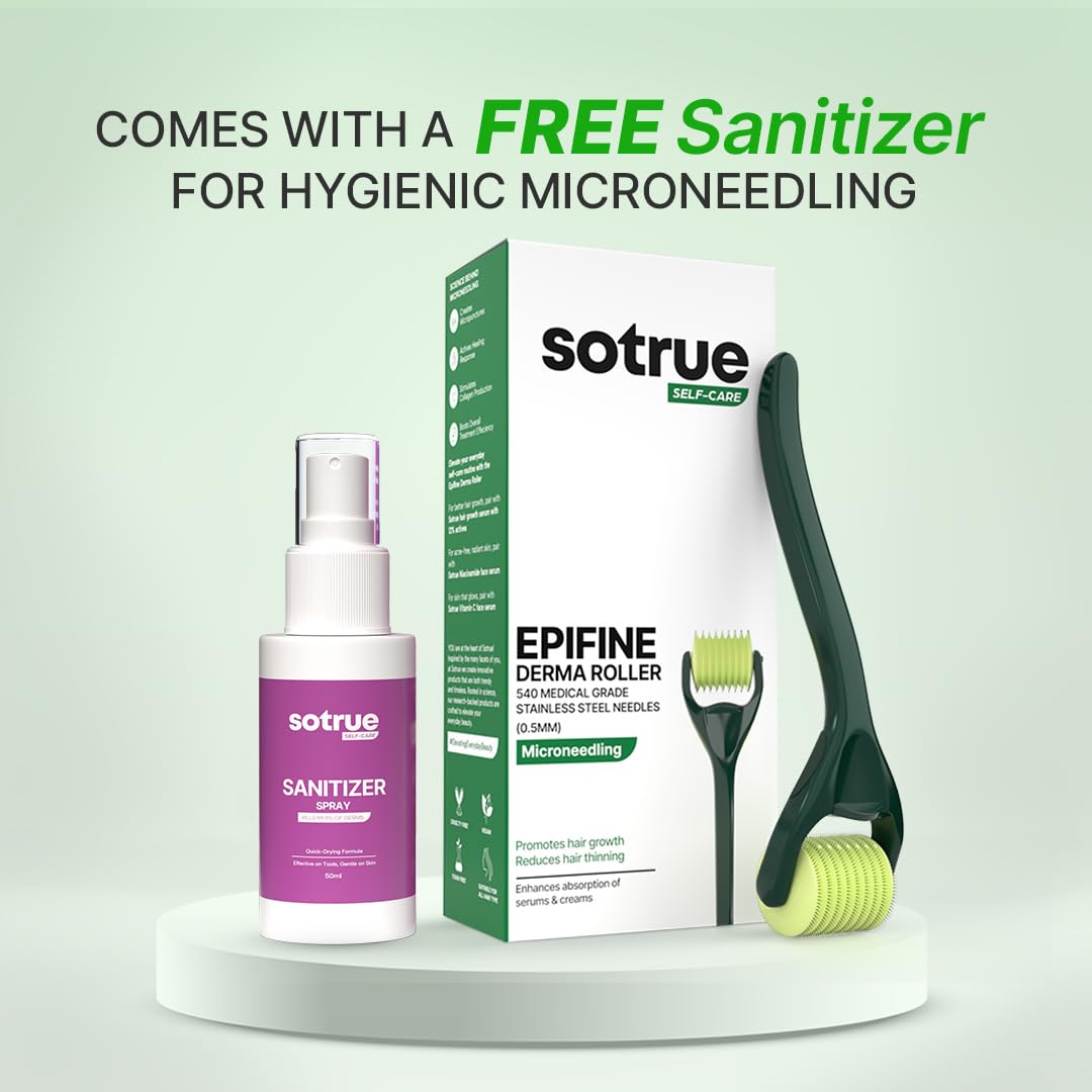 Sotrue Epifine Derma Roller 0.5mm with Sanitizer | 540 Medical Grade Stainless Steel Needles | Derma Roller for Hair Growth & Thickening, Repair Damages and Activates Hair Follicles (Green)