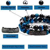 2Pcs Triple Protection Bracelet,Natural Tigers Eye Black Obsidian and Hematite 8 MM Beads Bracelet for Men Women Gift, Healing Crystal Bracelet Bring Luck and Prosperity and Happiness (Lake Blue) Lake Blue