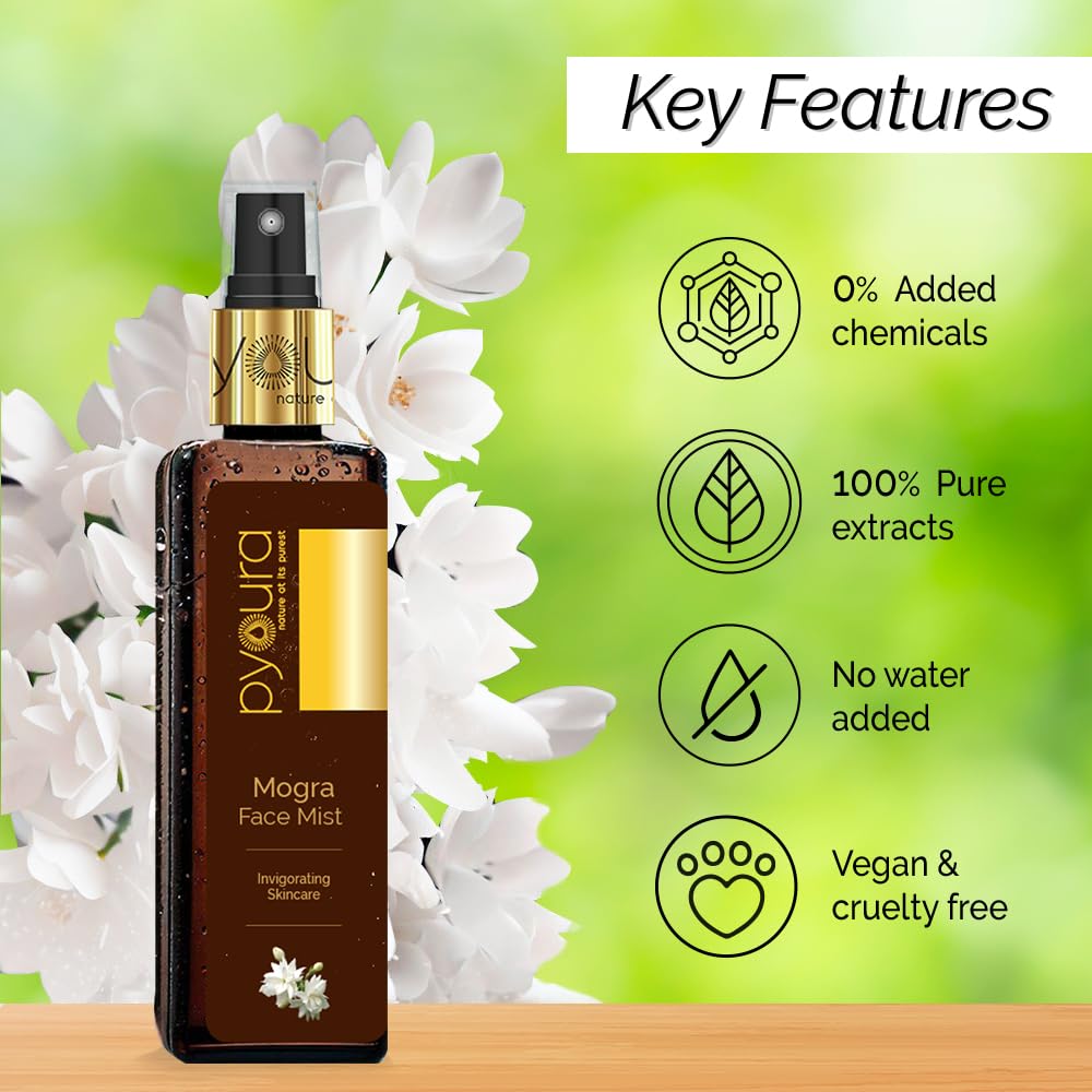 PYOURA pure Jasmine Mogra Face Toner Mist 100 ml, 100% Natural Toner For Healthy Glow & Even Skin Tone, Hydrating Serum Toner For Dry Oily Combination Skin, Natural Jasmine Perfume, Alcohol Free