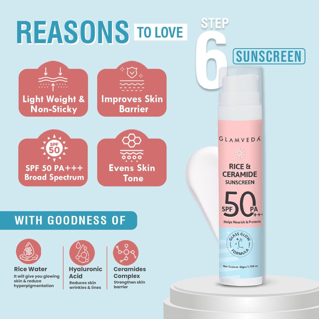 Glamveda Korean Rice & Ceramide 6 Step Daily Skincare Routine For Women with Gift Box | Face wash, Toner, Serum, Under eye cream, Moisturizer & Sunscreen