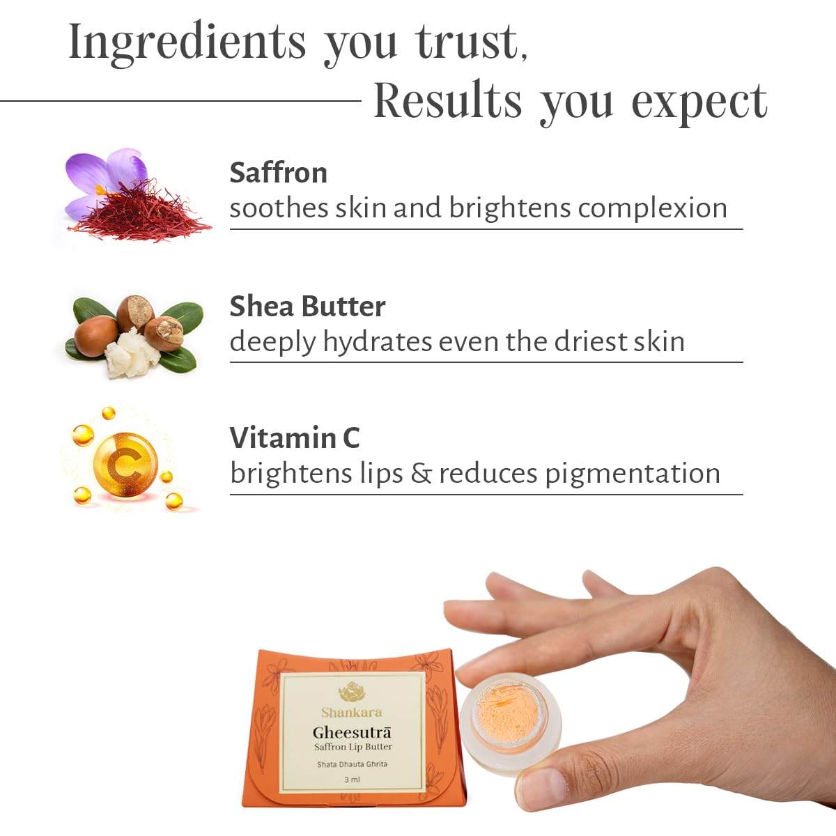 Shankara Gheesutrā Saffron Lip Butter, Ayurvedic Lip Balm for Soothing Dry, Inflamed, and Chapped Lips - Nourishment, Moisturizing, and Hydration up to 12 Hours - (Pack of 1) - 3ml