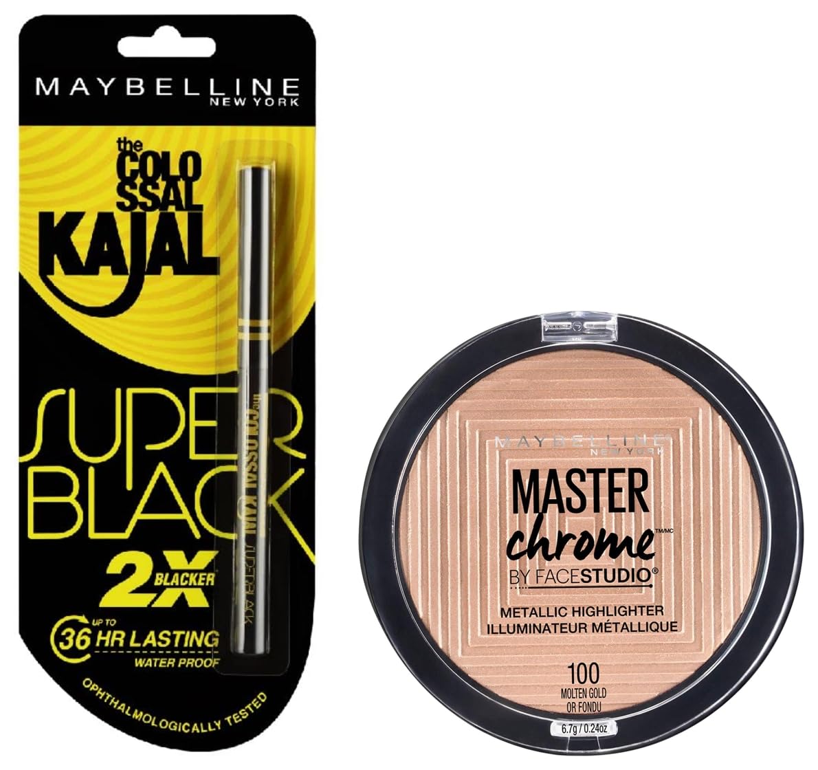 Maybelline New York Face Studio Master Chrome Metallic Highlighter, Molten Gold, 6.7g and Maybelline New York Colossal Kajal, Super Black, 0.35g