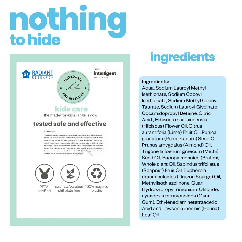 TuCo Kids Mild Shampoo With Soapnut, Almond, Henna, Pomegranate|Perfect For Soft, Smooth, Curly Tangled & Rough Hair|Paraben, Sls & Sulphate Free|Ph 5.5, Vegan & Tear Free|300 Ml (Pack Of 1) |