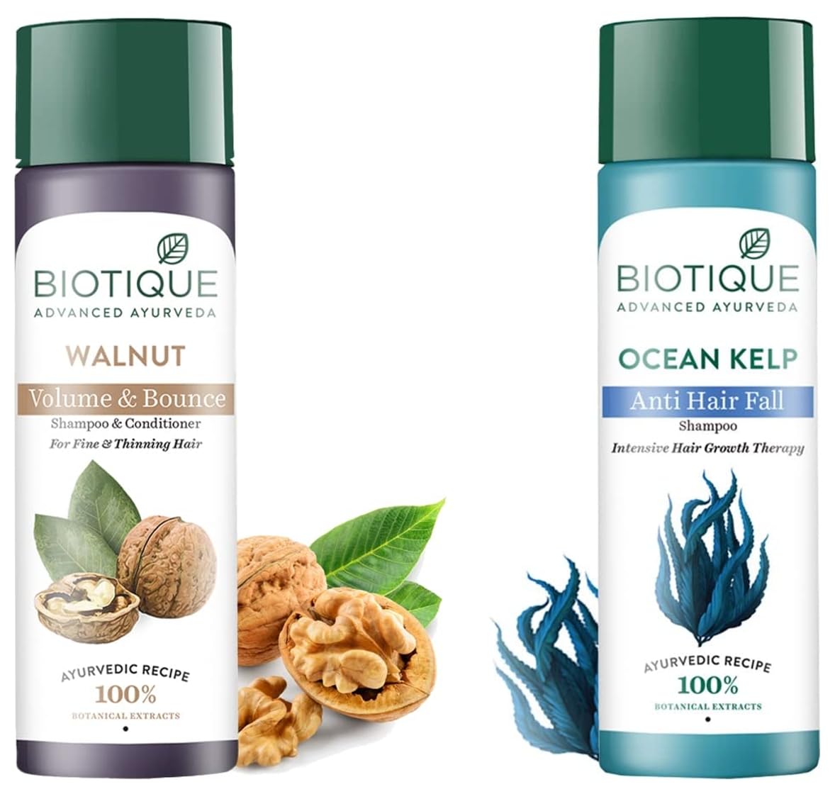 Biotique Bio Kelp Fresh Growth Protein Shampoo, 190ml & Bio Walnut Bark Fresh Lift Body Building Shampoo For Fine & Thinning Hair, 190ml