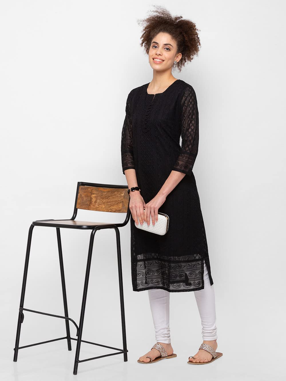 ZOLA Exclusive Georgette Round Neck with Full Sleeves and Calf Length Luckhnowi Chikan Kari Kurta with Button Placket on Yolk Ethnic Wear Straight Kurta for Women Pack of 1