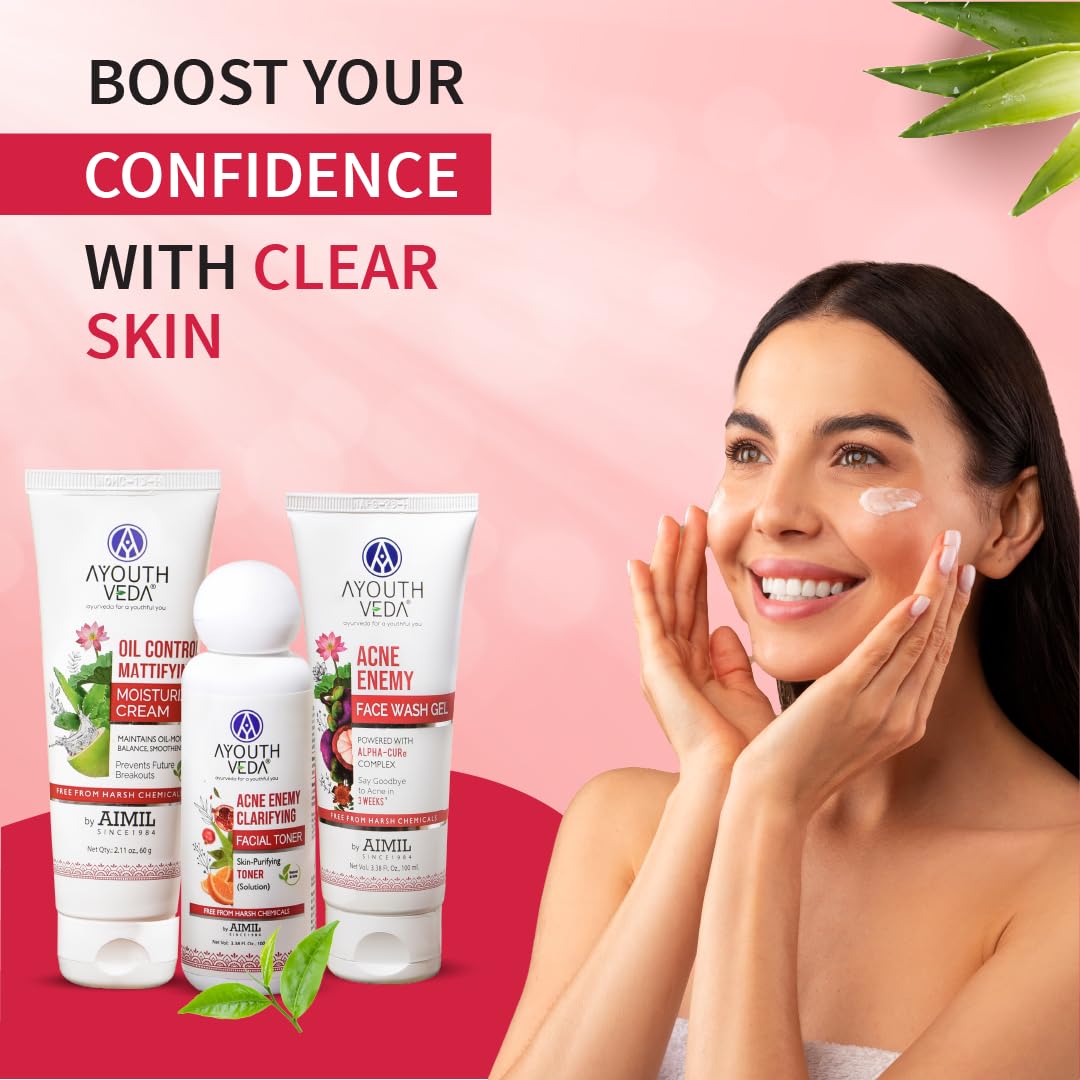 Ayouthveda Anti-acne Face Care Kit Maintain Oil Moisture, Skin Purifying | Acne Enemy Face Wash Gel 100ml | Acne Enemy Clarifying Facial Toner 100ml | Oil Control Mattifying Moisturizer Cream 60g