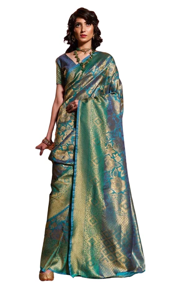 SGF11 Women's  Kanjivaram Pure Soft Silk Handloom Saree Pure Golden Zari With Blouse Piece Green 01