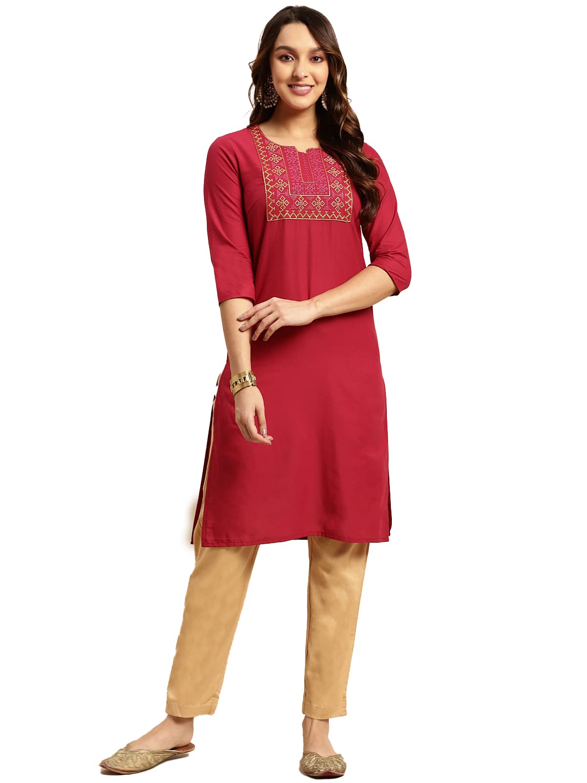 rangita Women 100% Cotton Yoke Zari Embroidered Knee Length Straight Kurti
