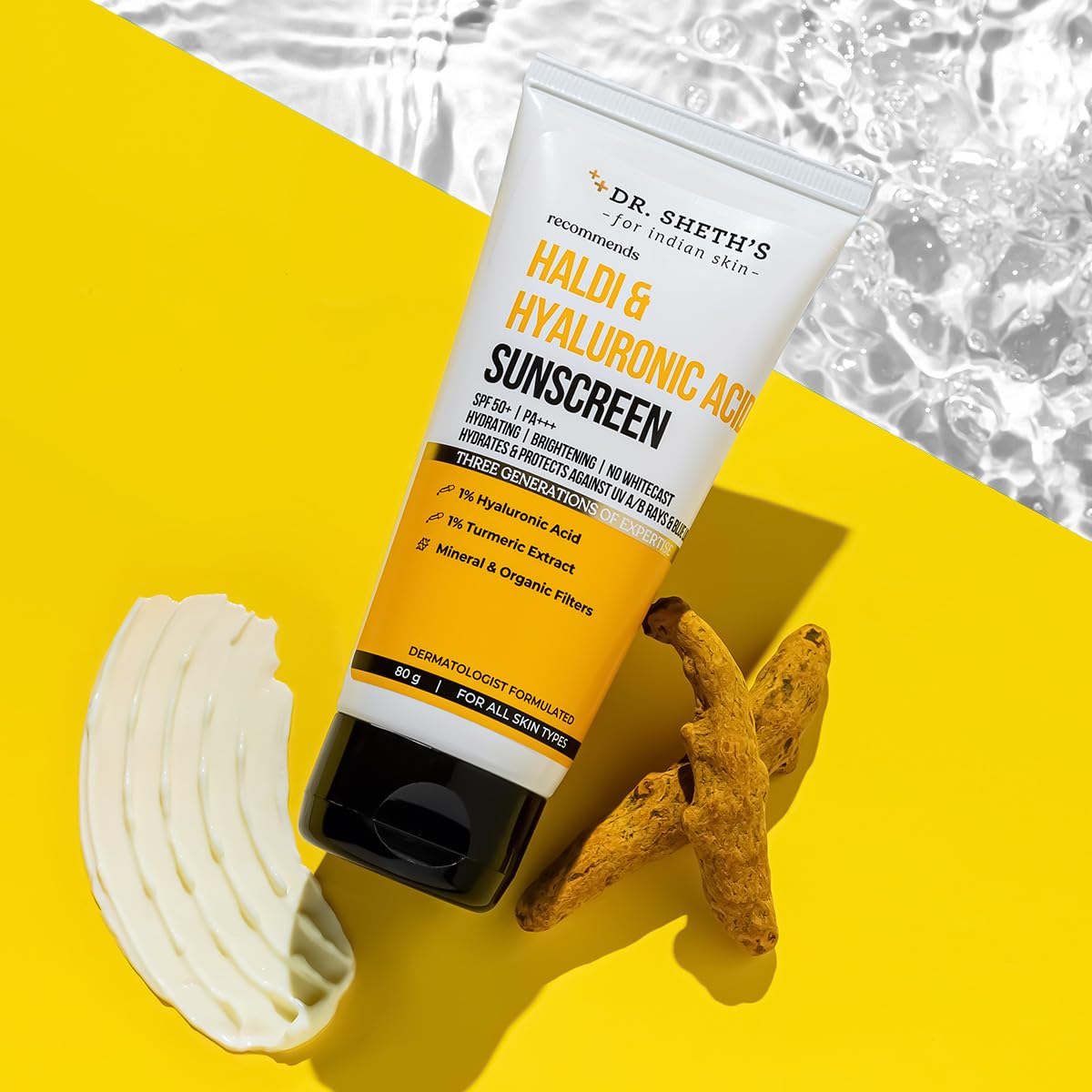 Dr. Sheth's Haldi & Hyaluronic Acid Sunscreen with 1% Hyaluronic Acid | Spf 50+ Pa+++ | Protects Against UVA/B & Blue Light | Hydrating & Brightening | For Men & Women | For All Skin Type | 80 g