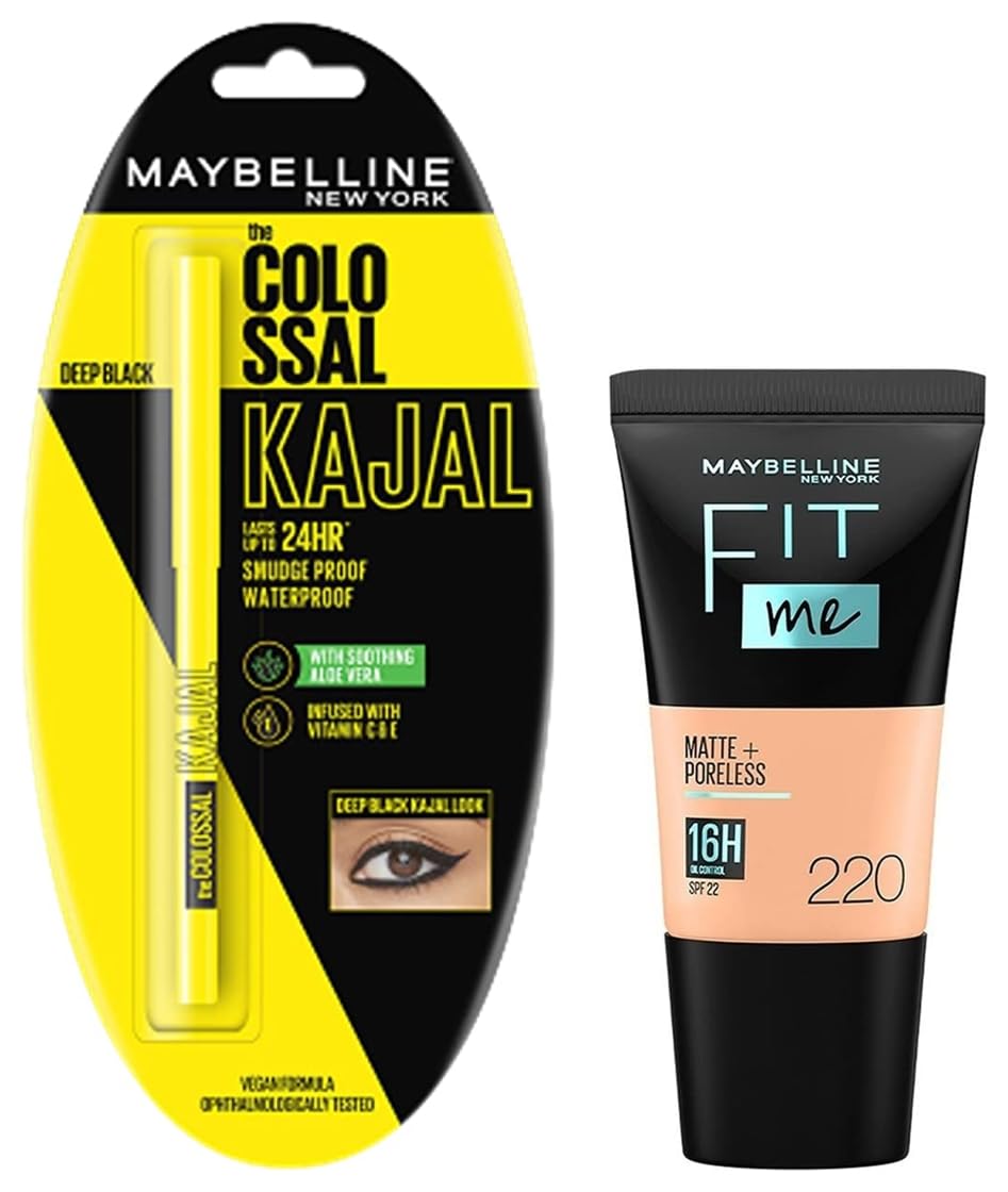 Maybelline New York Fit Me Matte+Poreless Liquid Foundation Medium Coverage For Oily Skin Tube, 220 Natural Beige, 18Ml And New York Colossal Kajal, Black, 0.35G, Pack Of 1