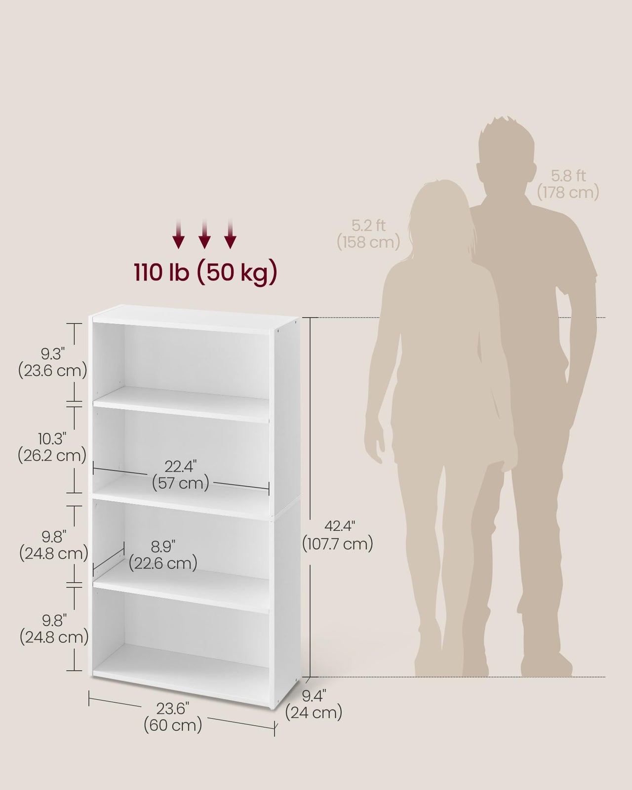 VASAGLE Bookshelf, 23.6 Inches Wide, 4-Tier Open Bookcase with Adjustable Storage Shelves, Floor Standing Unit, Cloud White ULBC164T14 1 Pack 4 Tiers (23.6"W x 42.4"H)