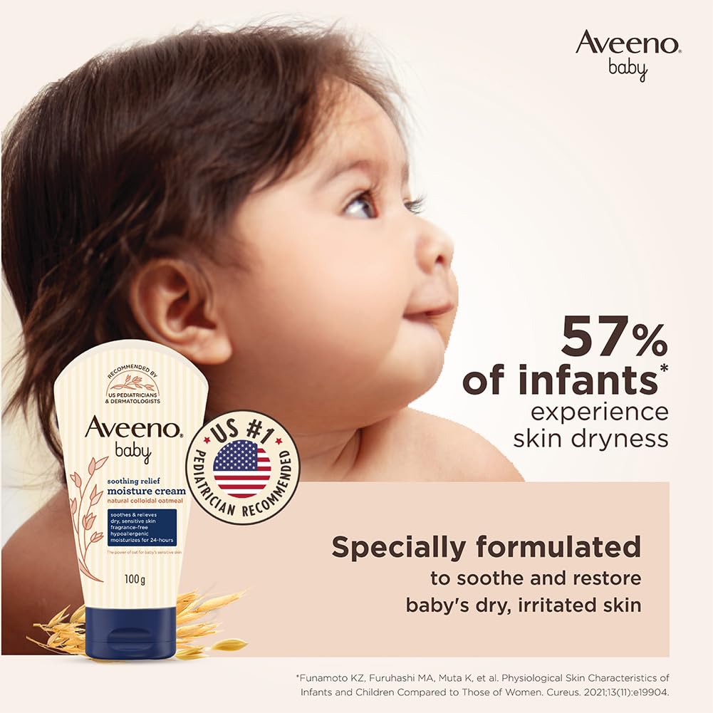 Aveeno Baby Soothing Relief Moisture Cream 100g 24-Hour Protection for Dry, Itchy, Sensitive Skin | Clinically Proven | Active natural oats | US pediatrician recommended | Hypoallergenic, fragrance-free & paraben-free