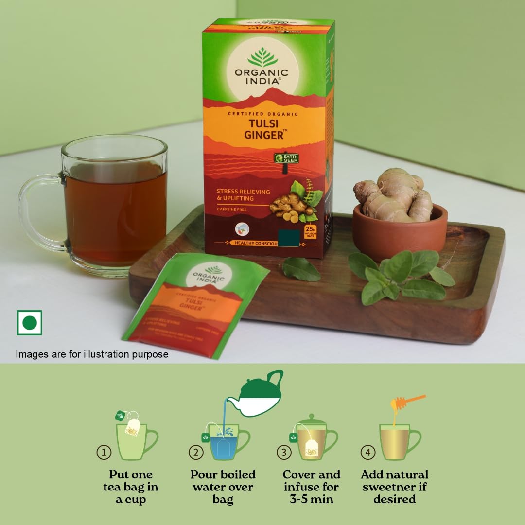 A TATA Product - Organic India Tulsi Ginger - 25 Tea Bags, Rich in Antioxidants, Supports Digestion, Stress Relieving, Helps Boost Metabolism, Caffeine-Free, Whole Herbs Certified Organic