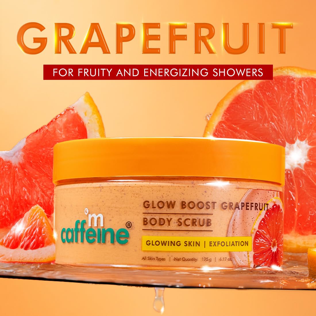 mCaffeine Glow Boost Grapefruit Body Scrub | Tan Removal | AHA- Lactic & Glycolic Acid, Niacinamide | Vitamin C Rich Grapefruit for Glowing, Soft & Smooth Skin | Remove Dry, Dead Skin | Fruity Grapferuit Aroma - 175g