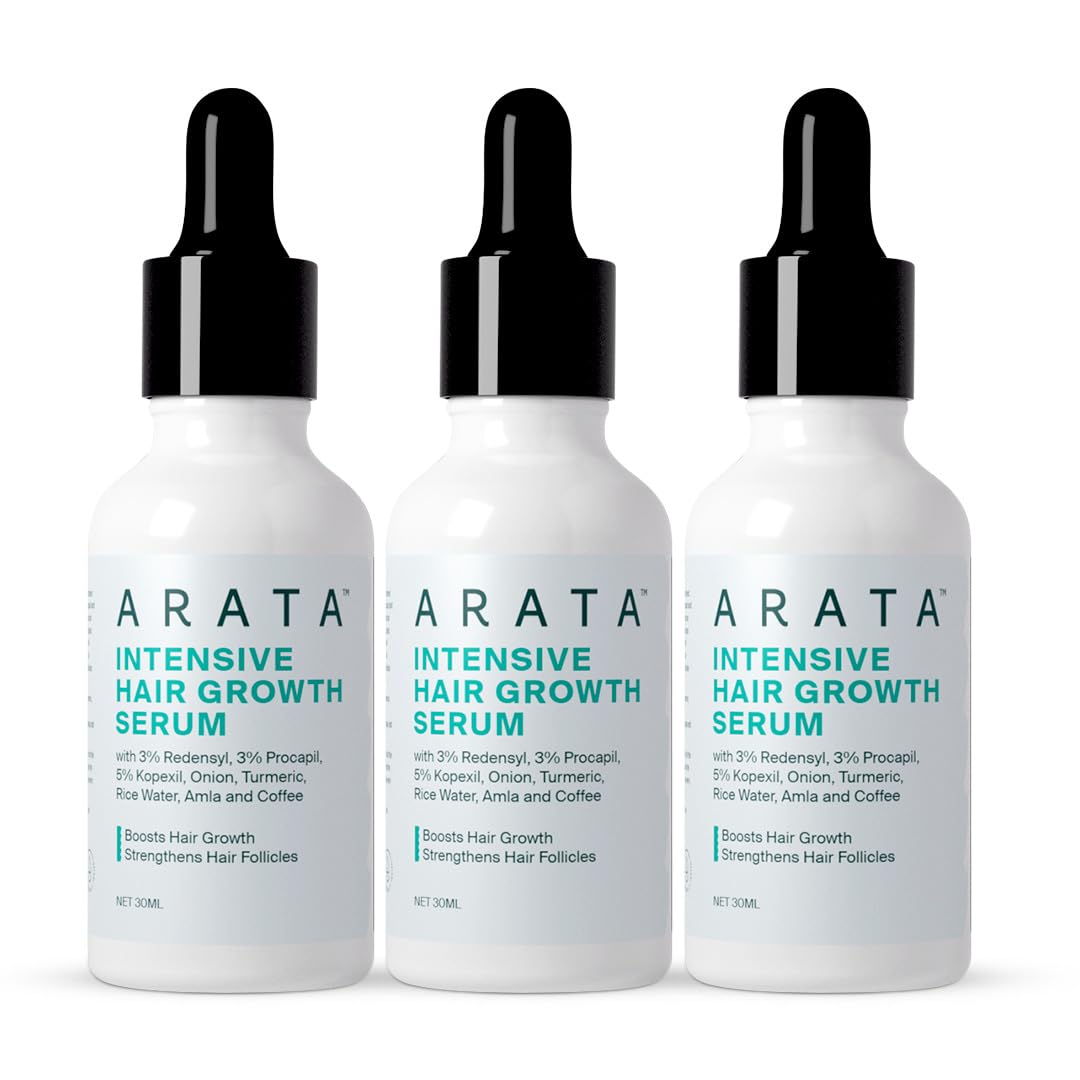 Arata Intensive Hair Growth Serum for Men & Women | 3% Redensyl, 3% Procapil & 5% Kopexil | Onion, Turmeric & Rice Water | Controls Hair Fall, Boosts Hair Growth & Strengthens Hair | Pack of 3 (90ml)