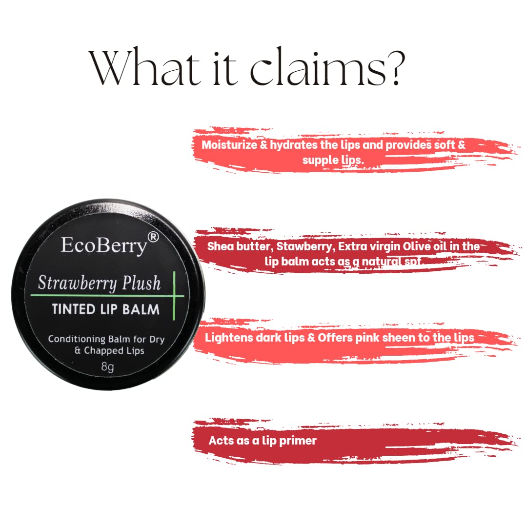 EcoBerry Strawberry Plush Tinted Lip Balm For Natural Pink Lips Dry, chapped Lips | Moisturizing Conditioning Natural SPF | Enriched with Strawberry extracts, Vitamin E & Shea butter 100% Pure, Natural & Handmade, Mineral Oil Free, Preservative Free, Para