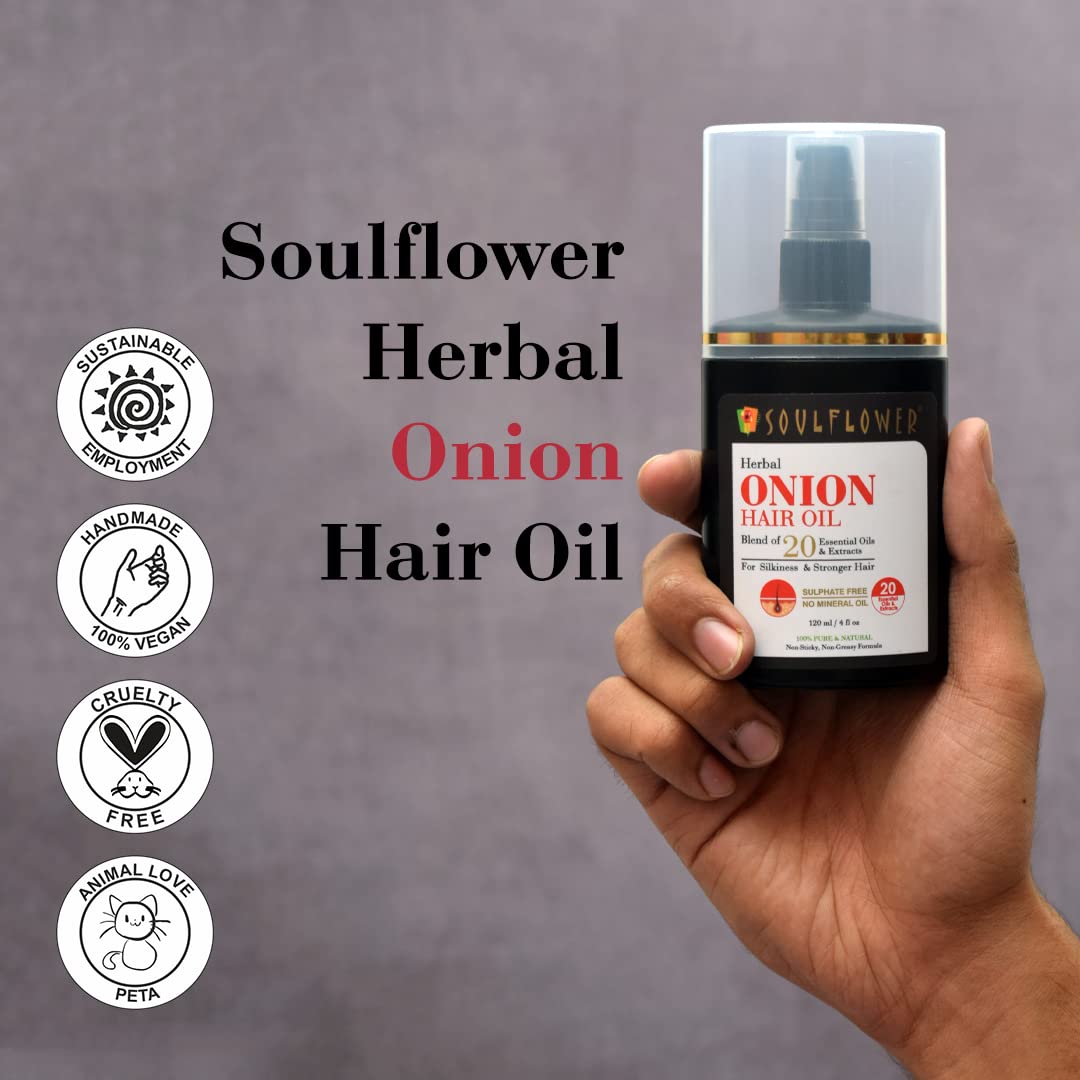 Soulflower Amla & Onion Hair Oil for Hair Growth & Hair Fall Control | 100% Pure & Natural with Castor, Peppermint, Argan Oil | Promotes Healthy Scalp & Stronger Hair for Men & Women | No Mineral Oil, 120ml