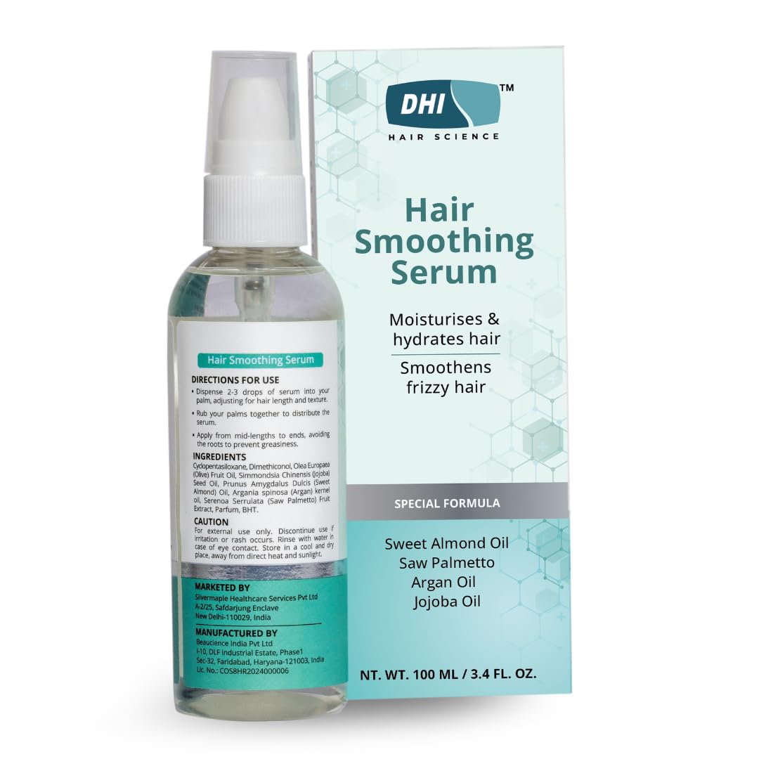 DHI Smoothing Hair Serum For Dry & Frizzy Hair | Moisturises & Hydrates Hair | Smoothness Hair Texture | Enriched with Sweet Almond Oil, Saw Palmetto, Argan Oil & Jojoba Oil | Antioxidant Properties | For Men & Women | Sulphate & Paraben Free | 100 ml