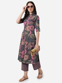 MIRCHI FASHION Women's  Cotton Bagru Printed A-Line Kurta Set with Plazzo Pant L Grey, Pink