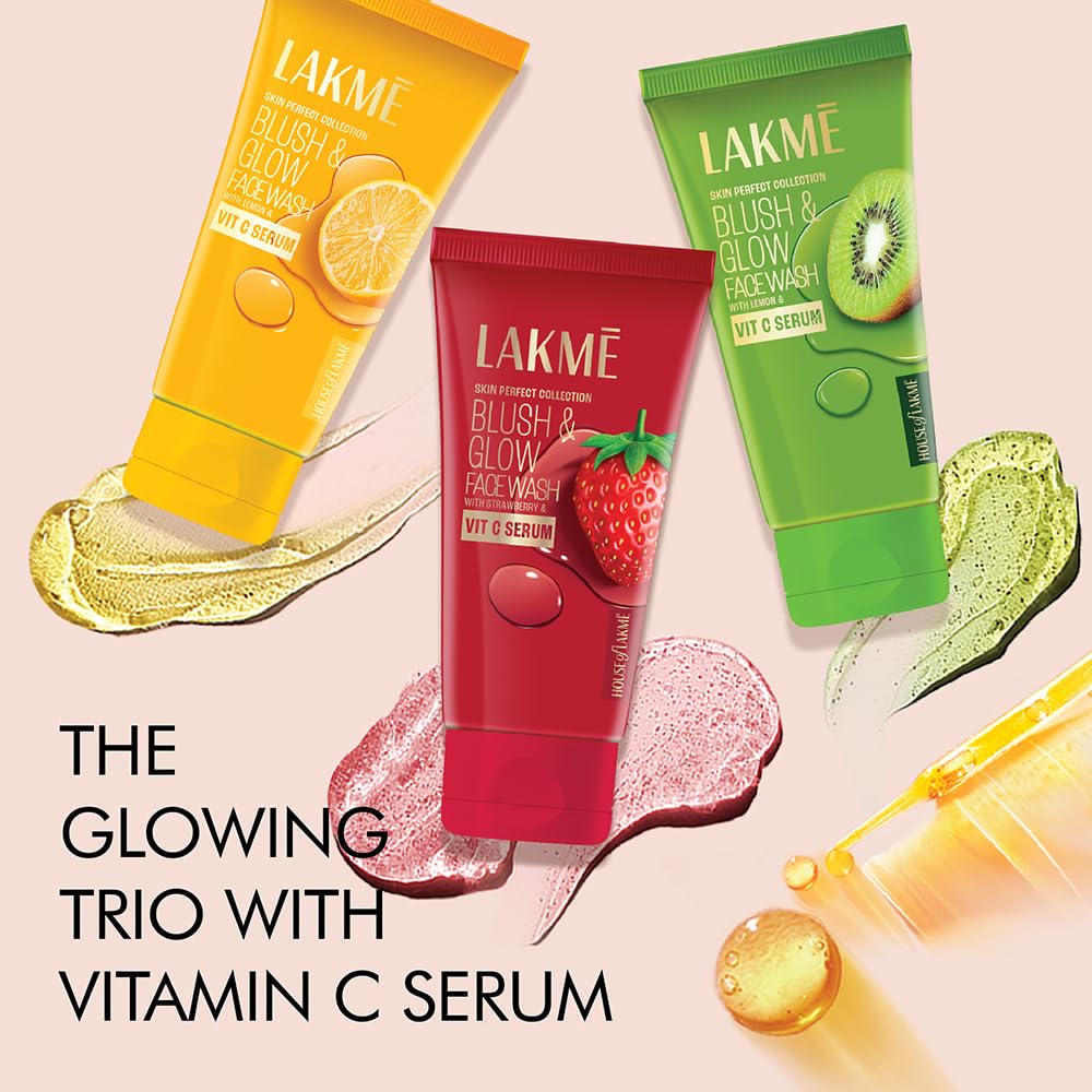 Lakmé Blush & Glow Exfoliating Face Wash with Vitamin C Serum, Hydrating and Gentle Facewash with Strawberry Fruit Extracts, 150gm