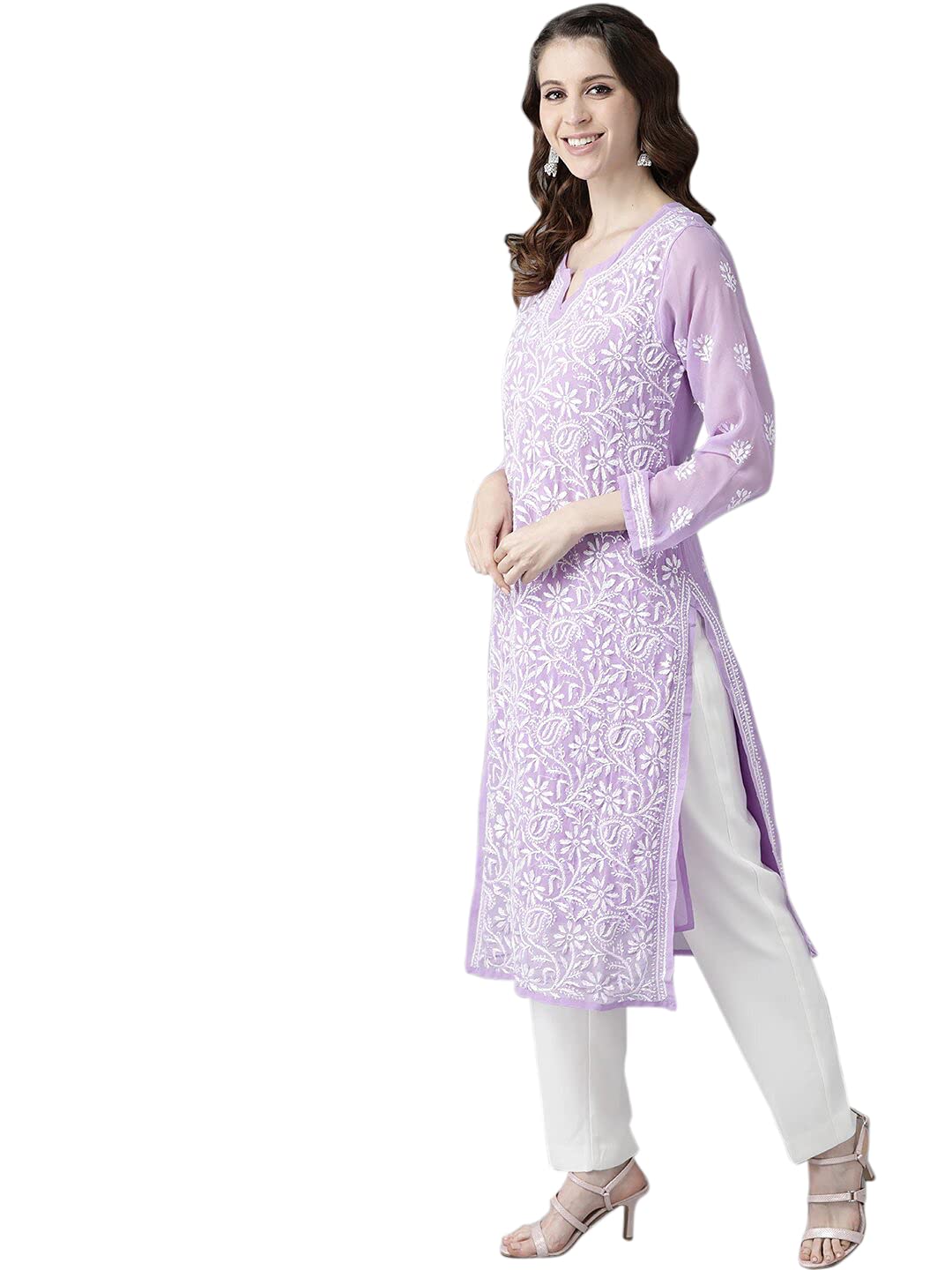 Ada Lucknowi Hand Embroidered Traditional Chikankari Georgette Kurta Kurti with Slip for Women