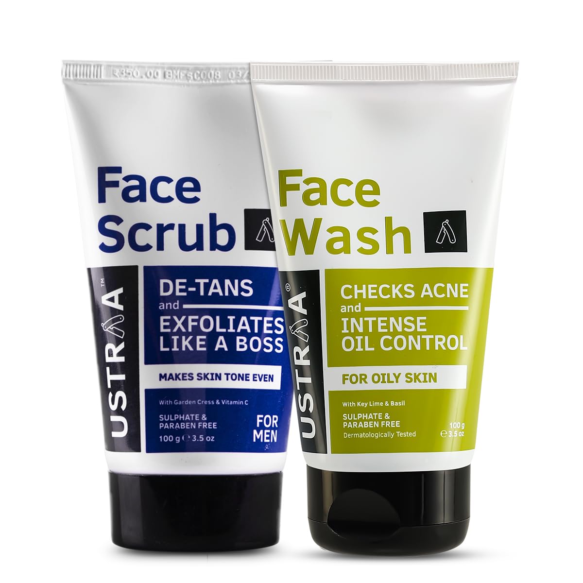 Ustraa De-Tan Face Scrub for Men, 100g| Exfoliation & Effective Tan Removal | Walnut Granules & Face Wash - Oily Skin - 100g - With Basil & Key Lime - For Ane-Prone Skin | No SLS | Checks Acne