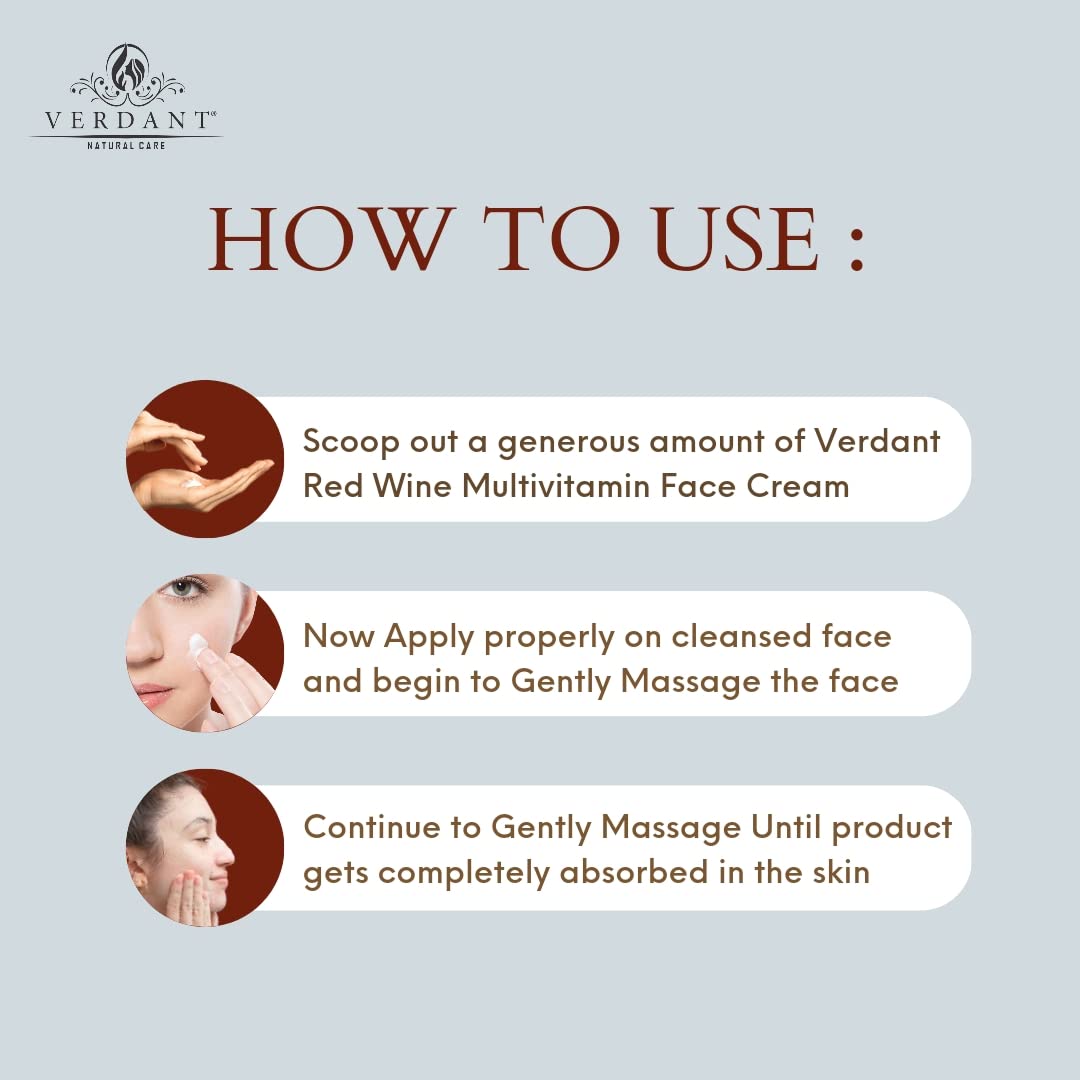 Verdant Natural Care Skin Brightening & Anti-Ageing Red Wine Face Cream with Grapes Extract | Red Vine Cream | Multi-Benefits Face Moisturizer | Anti-Aging Cream | Tanning & Pigmentation Control, Anti-Marks | Spots & Tan Removal Cream - Sulphate & Paraben