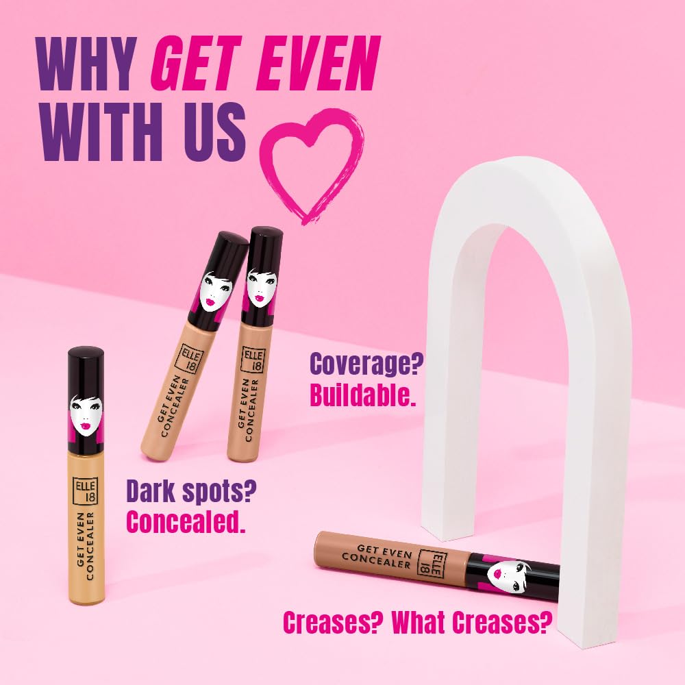 Elle18 Get Even Concealer, Pearl, Buildable Coverage Concealer, Covers Dark Spots, Under-eye & Fine Lines, Crease Resistant, Infused with Niacinamide| 5.4ml