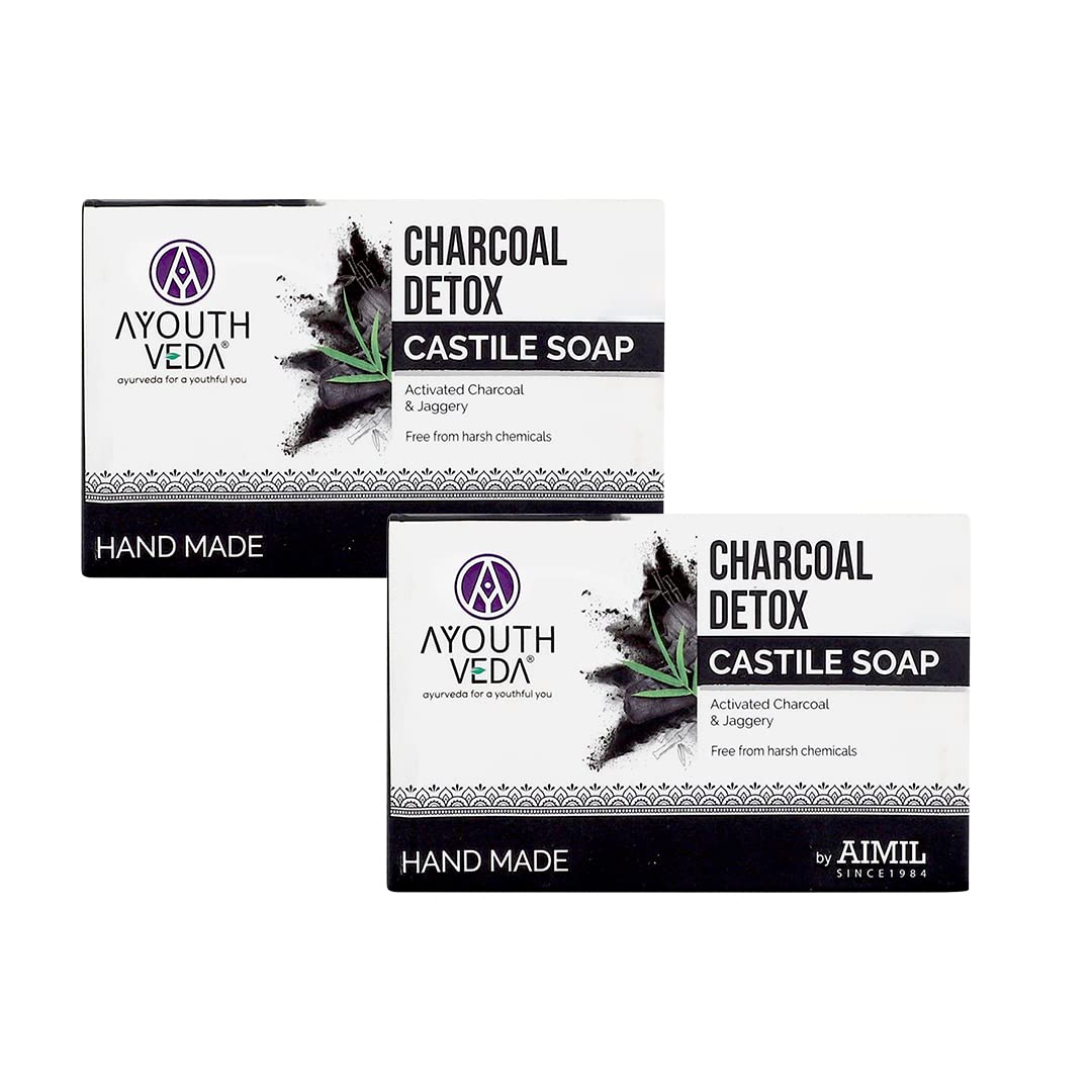 Ayouthveda Charcoal Detox Soap | A Powerful Blend of CharcoalJaggery & Five Nourishing Oils | Handmade Castile Soap Without Any Harsh Chemical | For Clear & Dirt Free Skin (Pack Of 2-110g each)