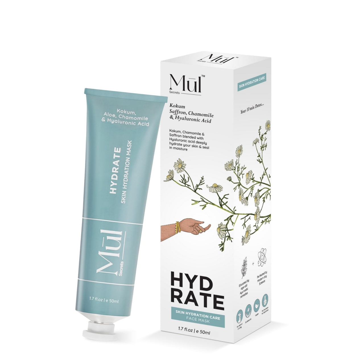 Mul Secrets 50 ml Hydrate Facemask & Scrub - Skin Hydration, Softening, Brightening & Plump Skin - Hyaluronic Acid, Chamomile & Saffron - 15+ Uses