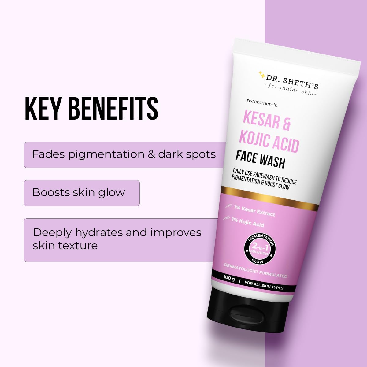 Dr. Sheth's Kesar&Kojic Acid Facewash|With Kesar,Kojic Acid,Niacinamide&Hyaluronic Acid|Pigmentation Free&Glowing Skin|Gently Cleanses&Exfoliates Skin|For Men&Women|For All Skin Types |100G