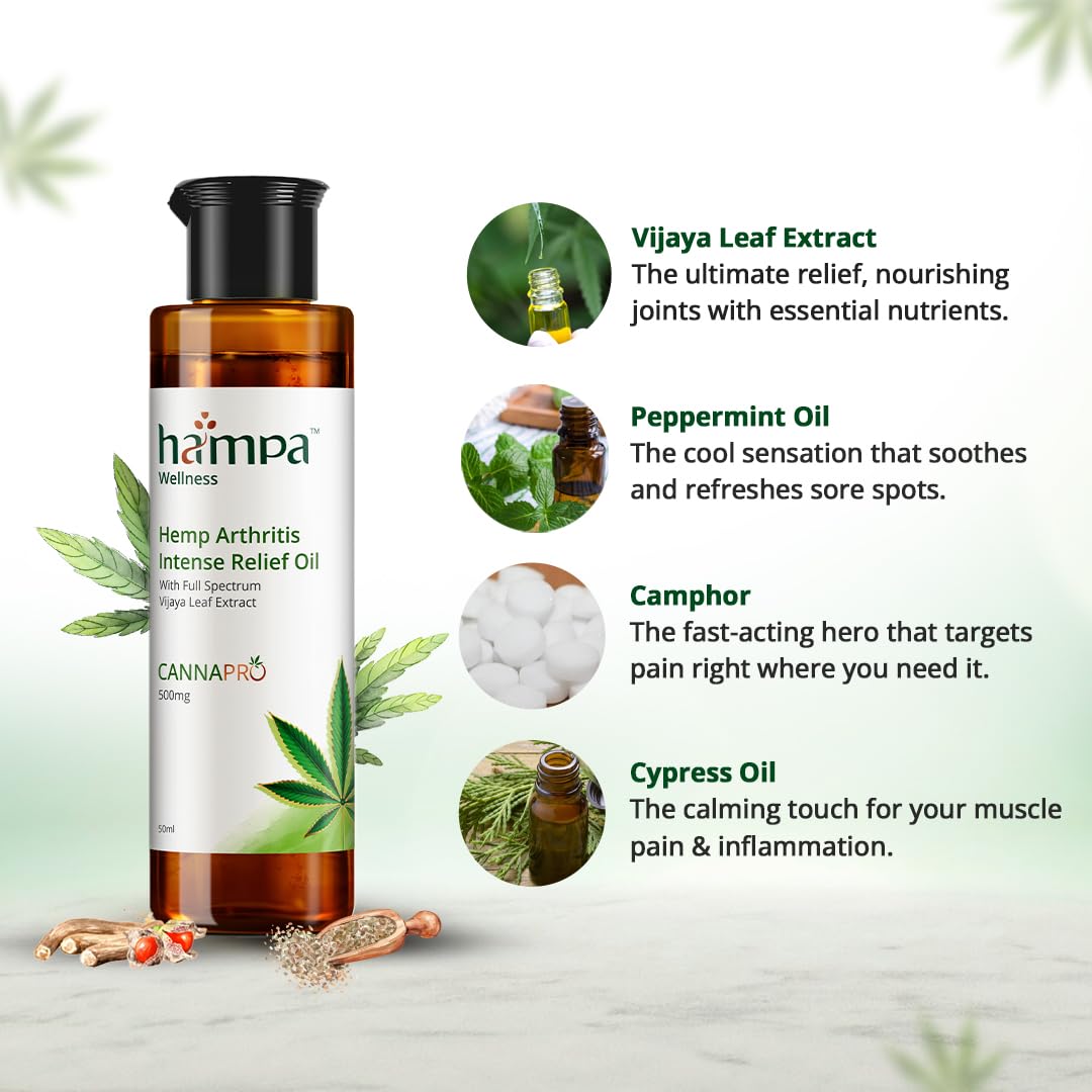 Hampa Hemp Arthritis Intense Relief Oil 50ml | Ayurvedic Pain Relief Massage Oil for Knee and Joint Pain, Inflammation and Swelling | With Hemp, Ashwagandha, Arnica | Fast Acting & Long-Lasting Relief