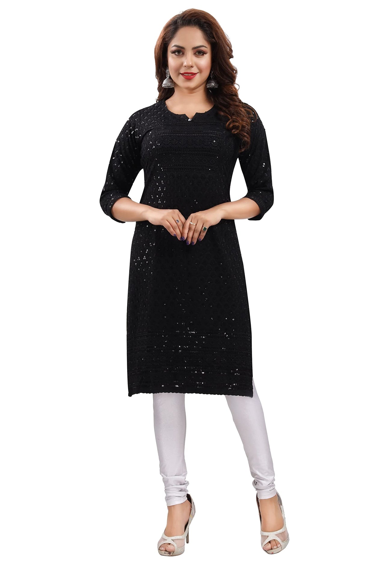 QUEEN SHIELD Women's  Knee Length Rayon Chikan-Kari KurtaKurti (QS_6631)