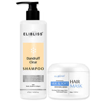 Elibliss Dandruff Clear Shampoo with Biotin Keratin Collagen 475ml | Silk and Soft Keratin Hair Mask with Argan Oil Hydrolyzed Protein Combo 200g