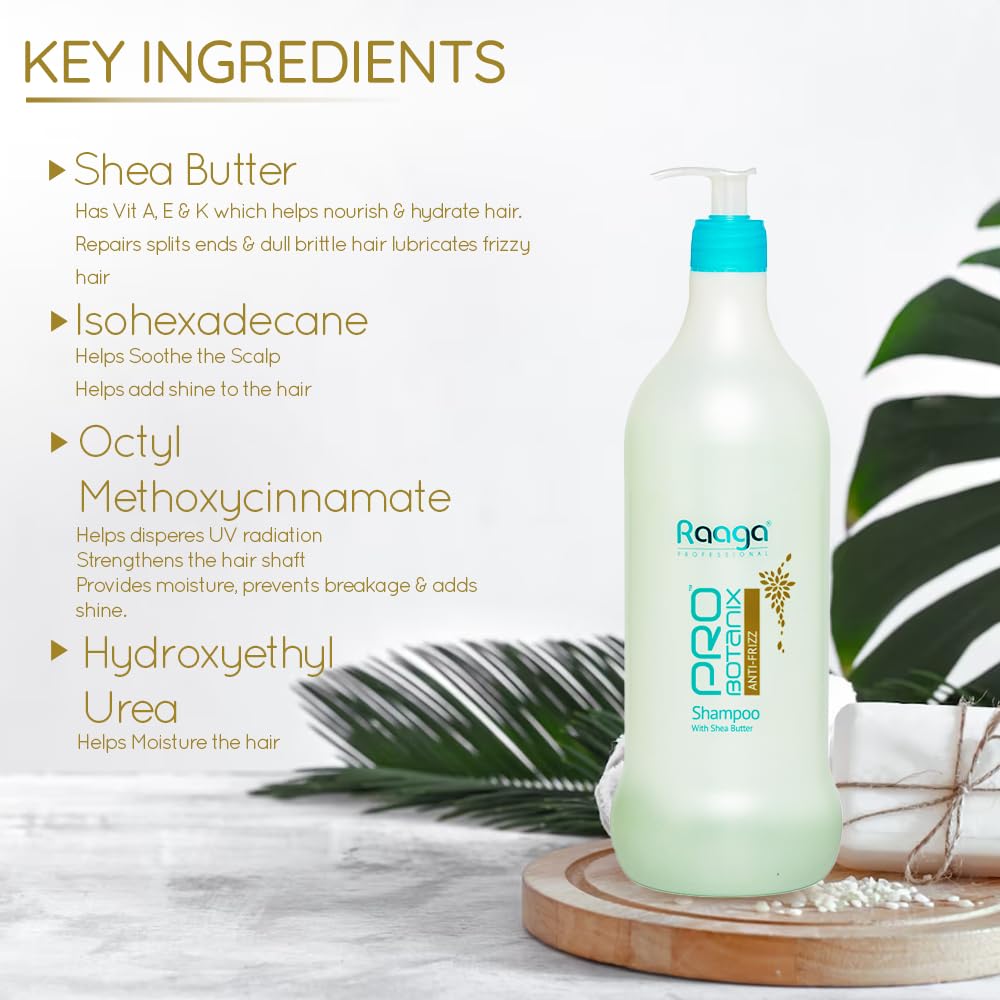 Raaga Professional Pro Botanix Anti-Frizz Shampoo with Shea Butter | Smoothes and Controls Unruly Frizzy Hair, Deep Moisturization | Suitable For Men & Women (1000 ml)