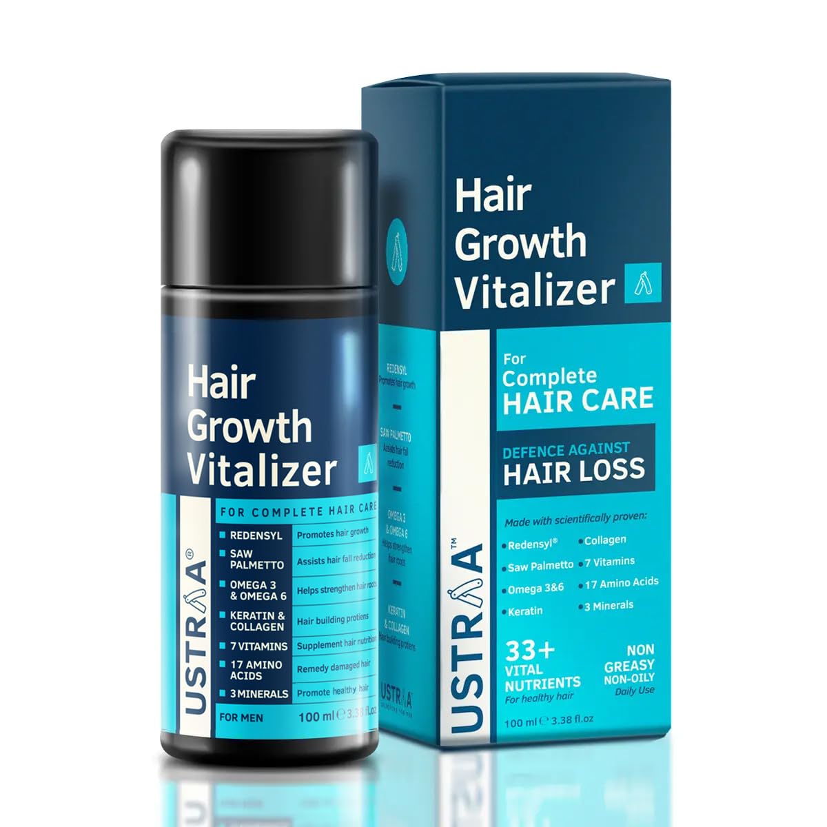 USTRAA Hair Growth Vitalizer 100ml – Clinically Tested | Hair Oil With Redensyl, Saw Palmetto, Vitamins & Anti-Dandruff Shampoo 250ml - With Climbazole, Ginger & Tea Tree Oil, No Sulphates