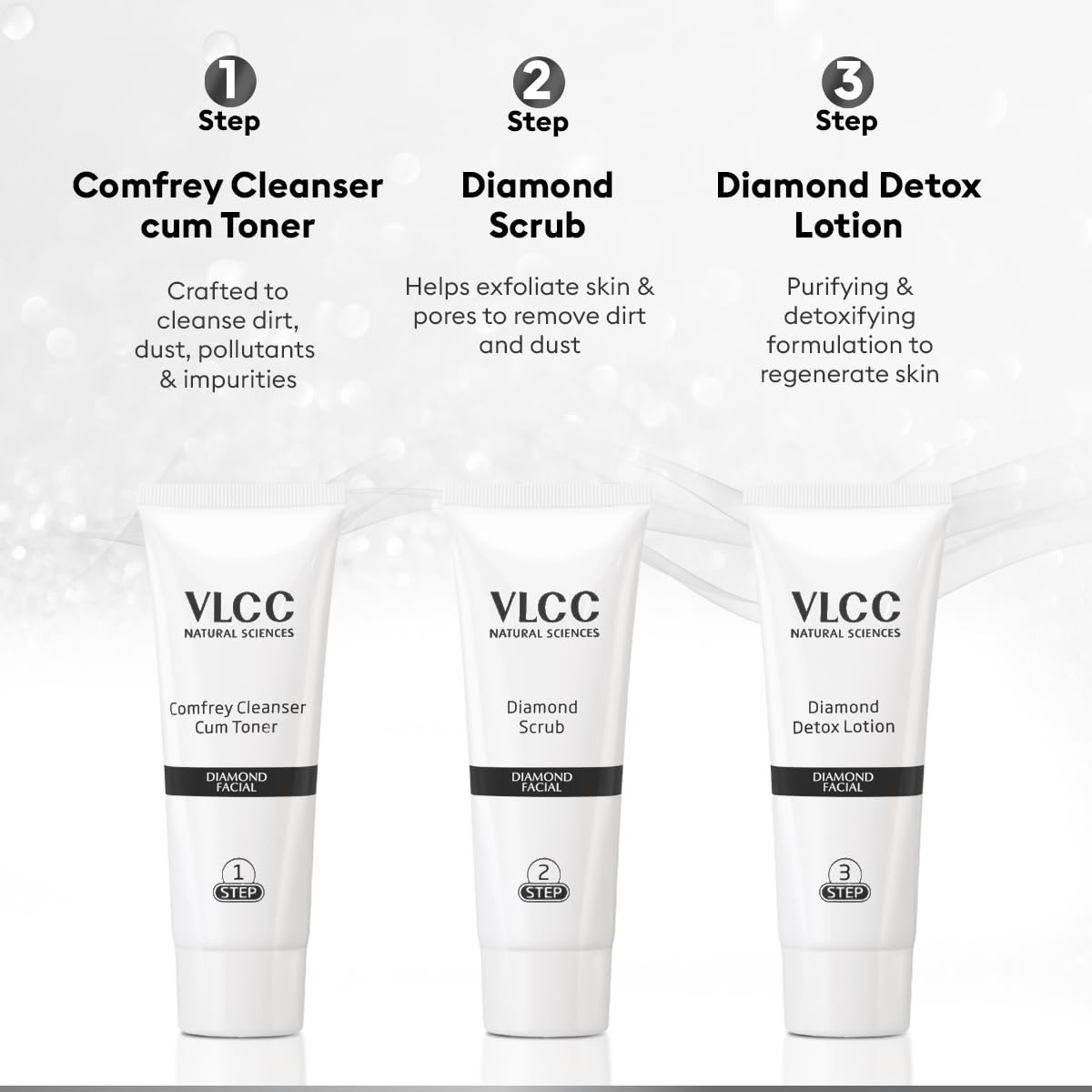 VLCC Diamond Facial Kit - 60g | Skin Purifying with Parlour Glow | Improves Skin Elasticity, Brightens and Helps Lighten Patchy, Damaged Skin | with Colloidal Diamond, Aloe Vera, Jojoba & Olive Oil