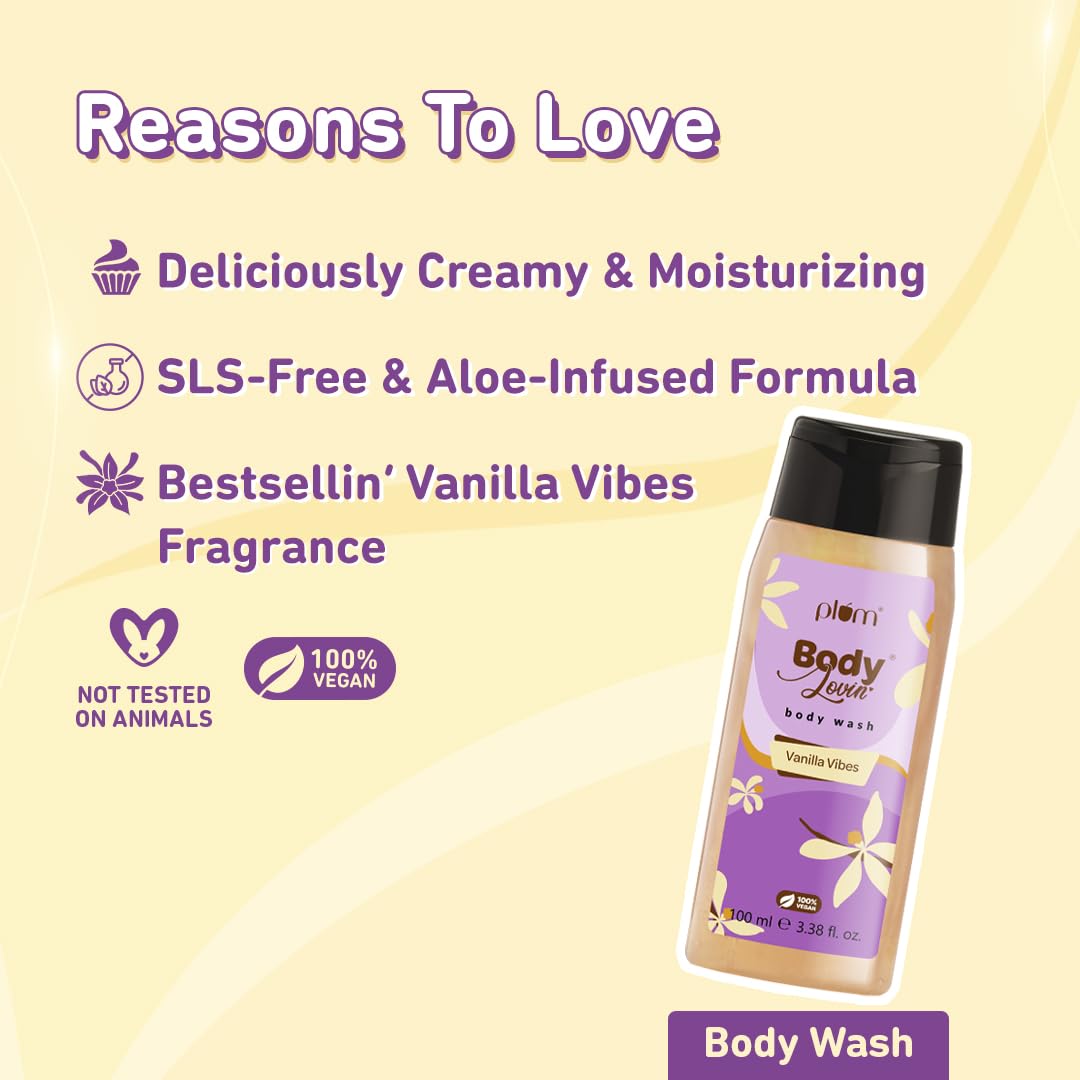 Plum BodyLovin' Vanilla Vibes Bath & Body Gift Set | Body Wash | Body Mist | Body Oil | Long-Lasting Warm Vanilla Fragrance | Gift Set For Women | Gifting For Birthday, Valentine's, Anniversary, Rakhi & Special Occasions| Premium Gift Packaging | Pack Of