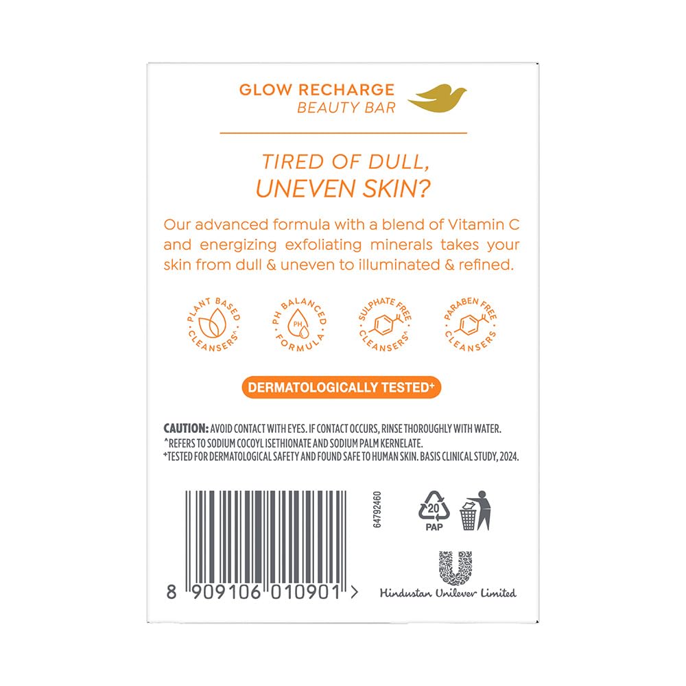 Dove Glow Recharge Serum Beauty Bar | 3% Brightening serum + Vit C | Energizes & Illuminates skin | Paraben & SLS free | 375g (125g x 3)